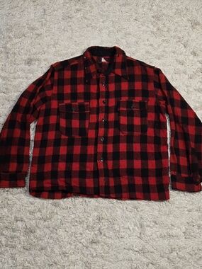 VTG 70s JC Penney Sportclad Buffalo Plaid Wool Button Down M